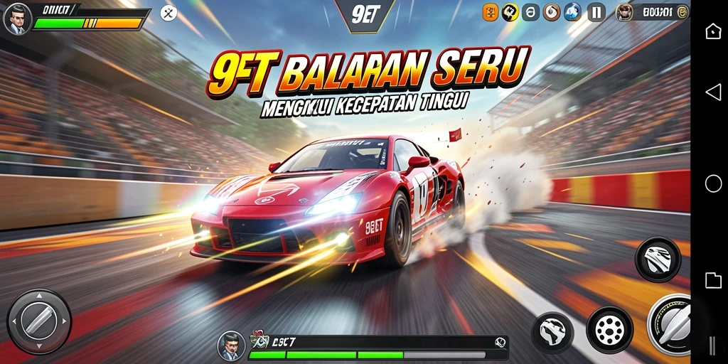 Tampilan gameplay 9ET dengan mobil balap yang mengesankan.