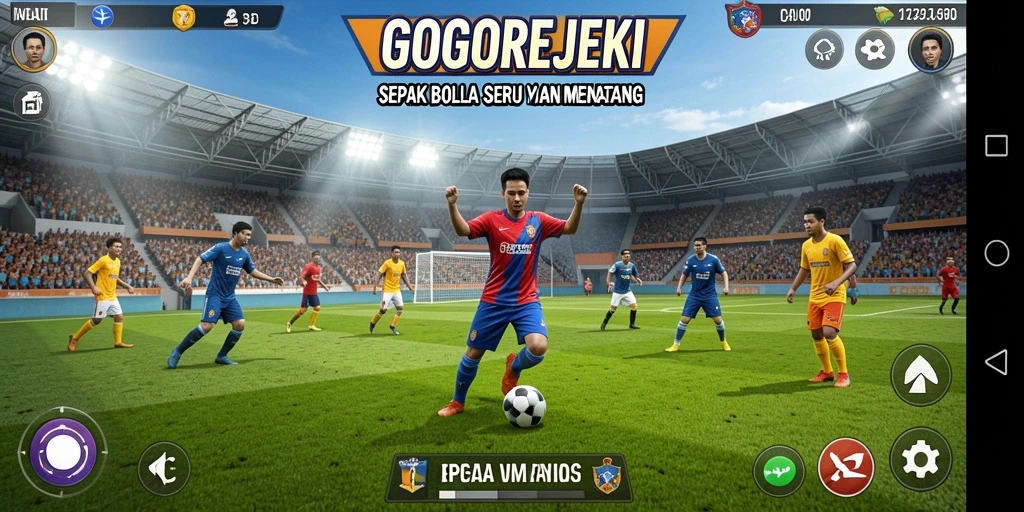 Tampilan gameplay GOGOREJEKI yang menampilkan aksi sepak bola seru.