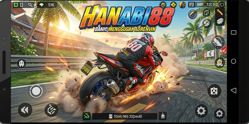 Screenshot gameplay HANABI88 menampilkan aksi balapan motor yang mendebarkan.