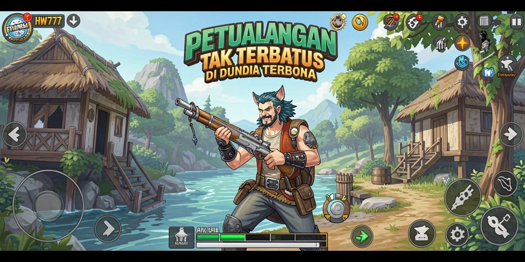 Screenshot gameplay HW777 menampilkan aksi petualangan di dunia terbuka.