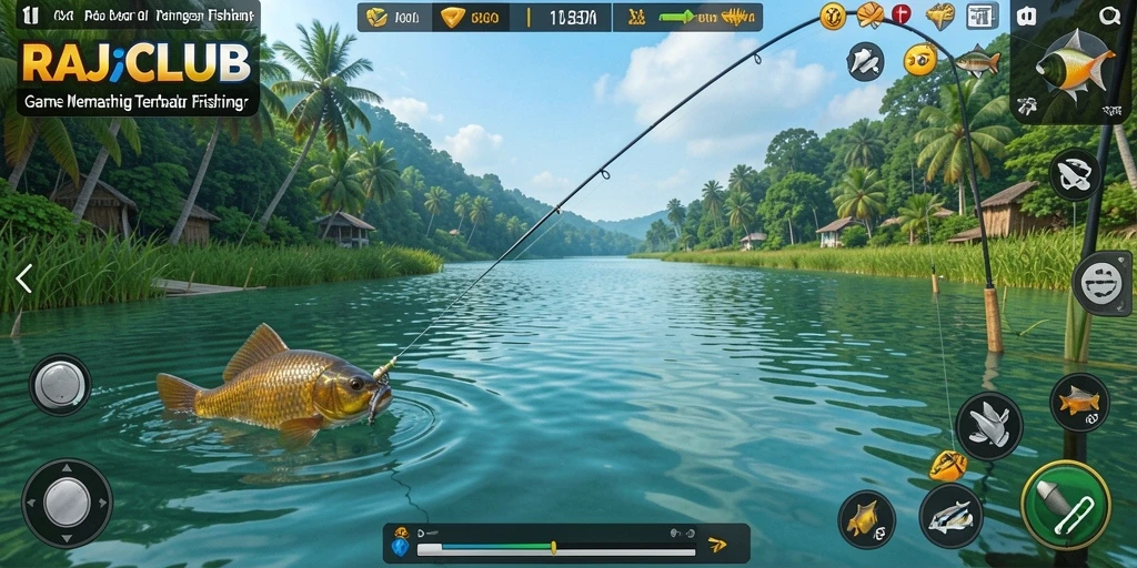 Screenshot menunjukkan aksi menangkap ikan di RAJACLUB.