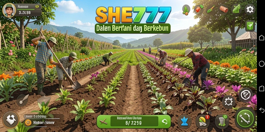 Screenshot dari gameplay SHE777 yang menunjukkan aktivitas bertani yang seru.