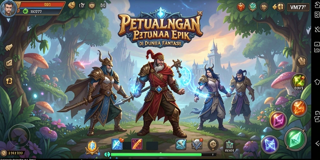 Screenshot gameplay VM777 menampilkan aksi pertempuran seru di dunia fantasi.