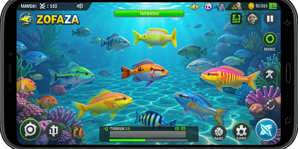 Screenshot ZOFAZA menampilkan aksi seru di bawah laut saat menembak ikan.